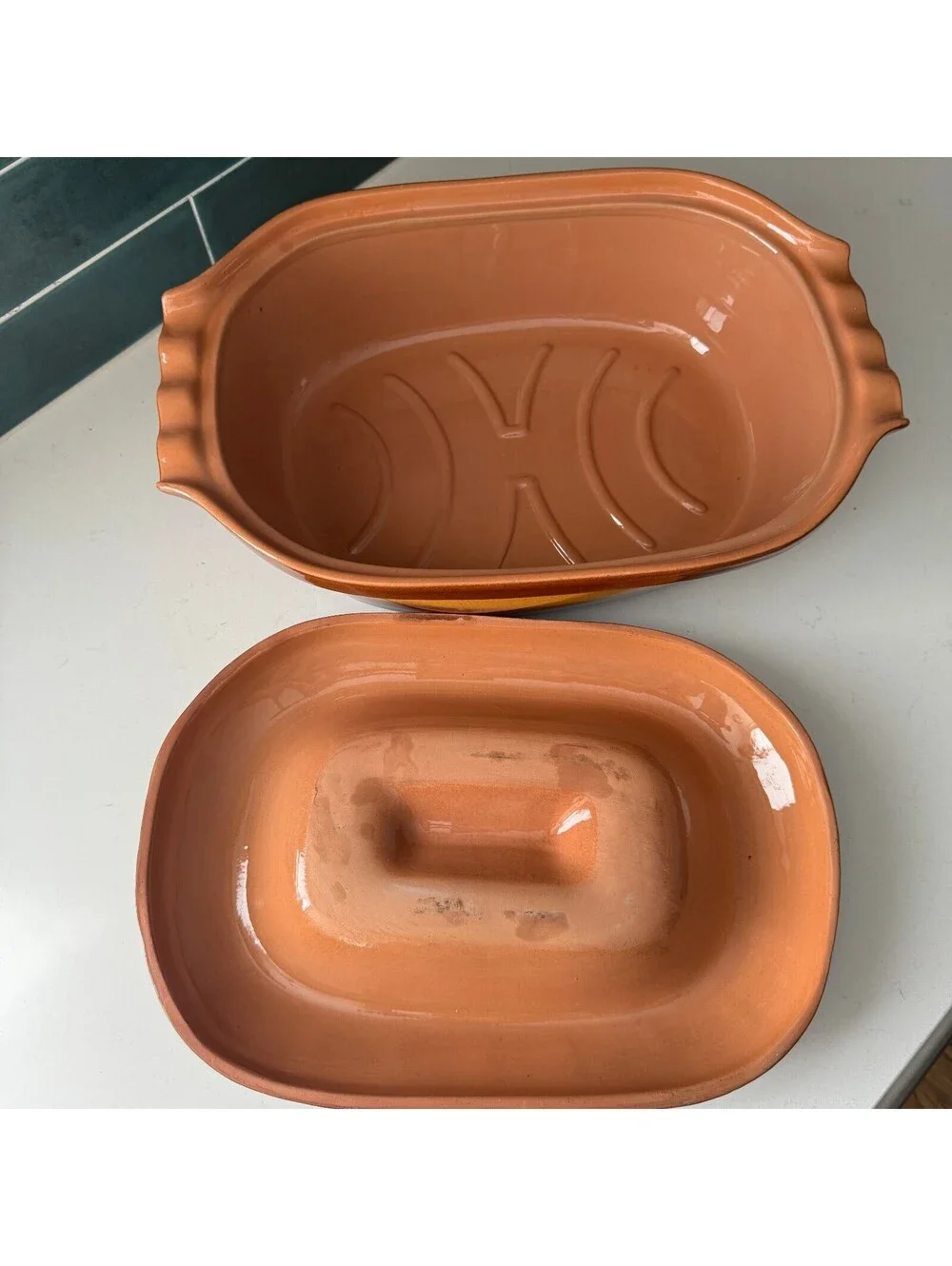 Handmade 5 Qt Glazed Clay Casserole Dish w/ Lid Greek Key Trim Earthy Brown Gold